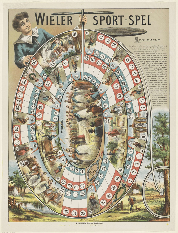 Ein Plakat mit einem Mann in einem blauen Hemd, der ein Glücksrad hält, umgeben von Text und Bildern von Menschen, Bäumen und einem Fahrrad.