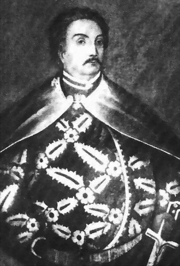 Schwarzes und weißes Foto von Papst Johannes Paul II. in Priesterroben, der eine schwarze Robe mit weißem Kragen und Manschetten trägt, Hände gefaltet, strenger Gesichtsausdruck, direkter Blick.
