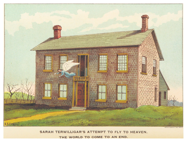 Plakat, das Sarah Terwilliger beim Versuch zeigt, in den Himmel zu fliegen, mit einem zentralen Haus, umgeben von Bäumen und Text unten, der 'Die Welt wird untergehen' lautet.