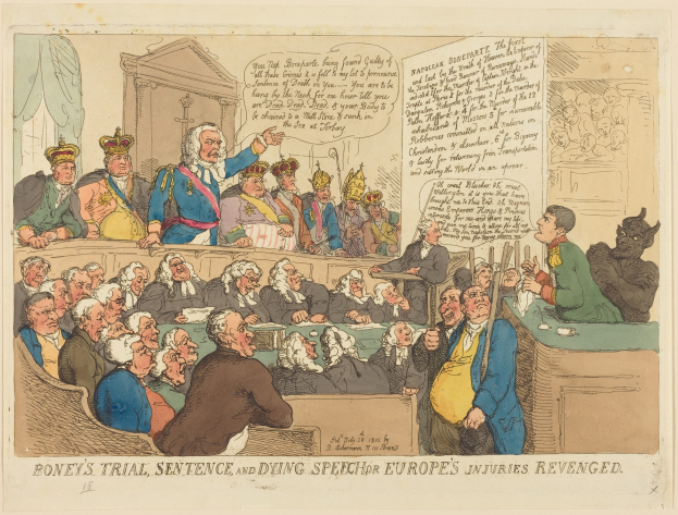 Cartoon-Illustration einer Gerichtsszene mit dem Titel "Boney's Trial, Sentence, and Dying Speech Europe's Injuries Revenged" mit einer zentralen stehenden Figur und einem Tisch mit Gegenständen auf der rechten Seite.