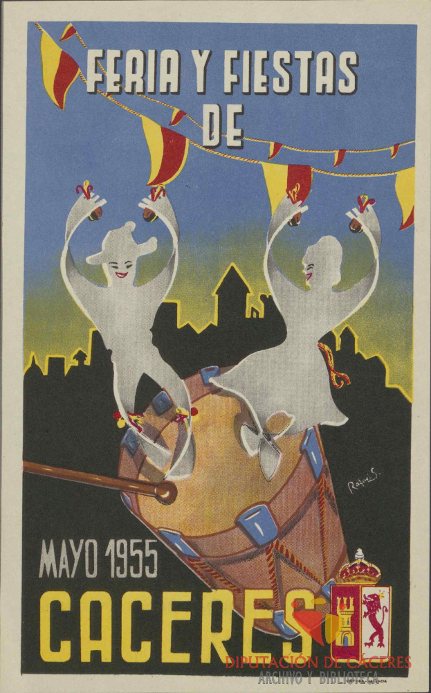 Ein buntes Plakat wirbt für das Karnevalsfest "Feria y Fiestas de Caceres" in Cáceres, Spanien, mit Menschen in traditioneller Kleidung, einem hellgelben Hintergrund und Veranstaltungseinzelheiten.