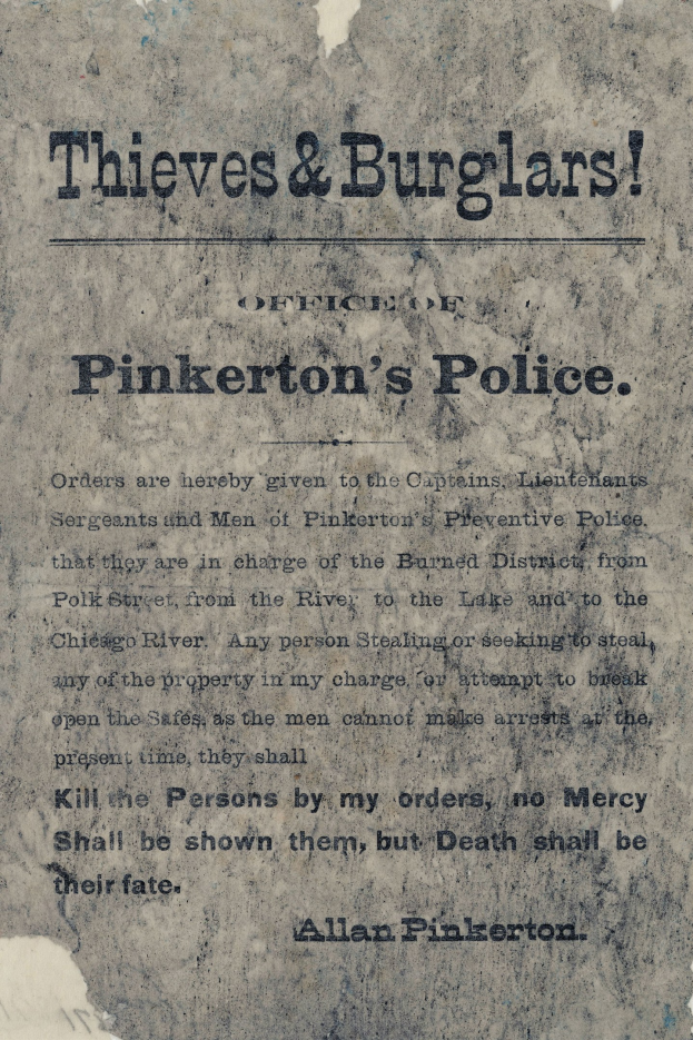 Plakat mit fettgedrucktem schwarzem Text "Einbrecher & Diebe Pinkertons Polizei" auf weißem Hintergrund, eingerahmt von einem schmalen schwarzen Rand.