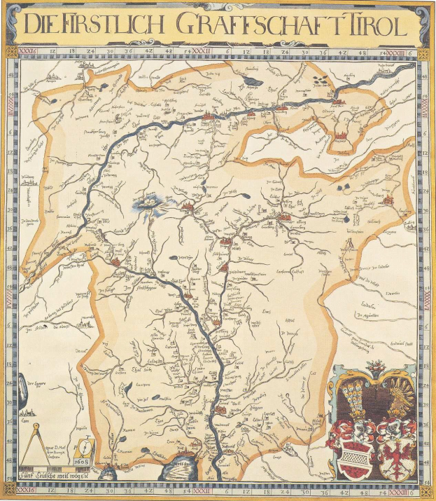 Ein detailliertes historisches Plakat der ersten deutschen Grafschaft Tirol-Karte, das geografische Merkmale wie Flüsse, Berge und Städte zeigt, mit begleitendem Text.