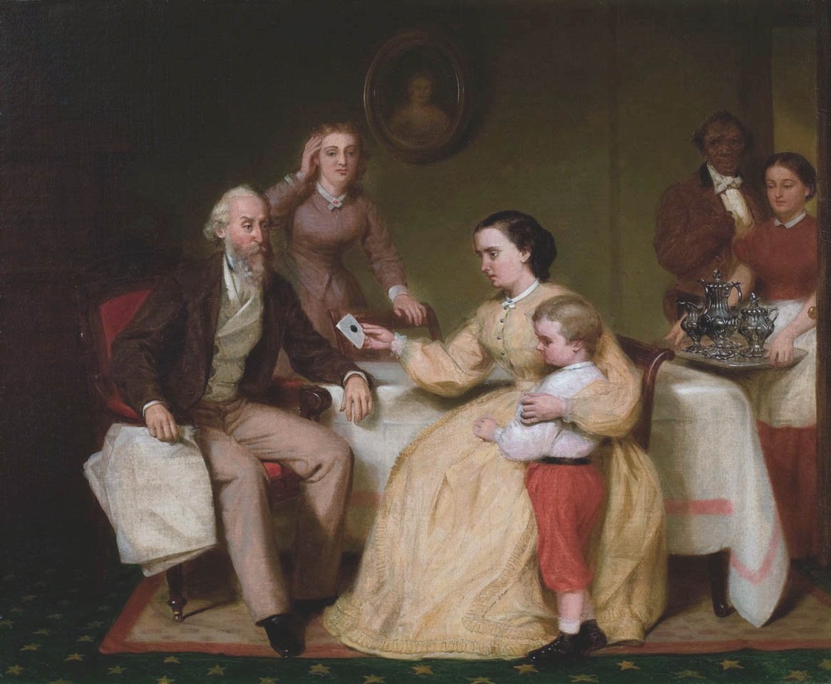 Gemälde mit dem Titel 'Die Familie beim Tee' von Thomas Rowlandson, das eine Familie zeigt, die um einen Tisch sitzt, mit einer Frau, die ein Kind hält, einem Tischtuch und Gegenständen sowie einem Rahmen an der Wand.