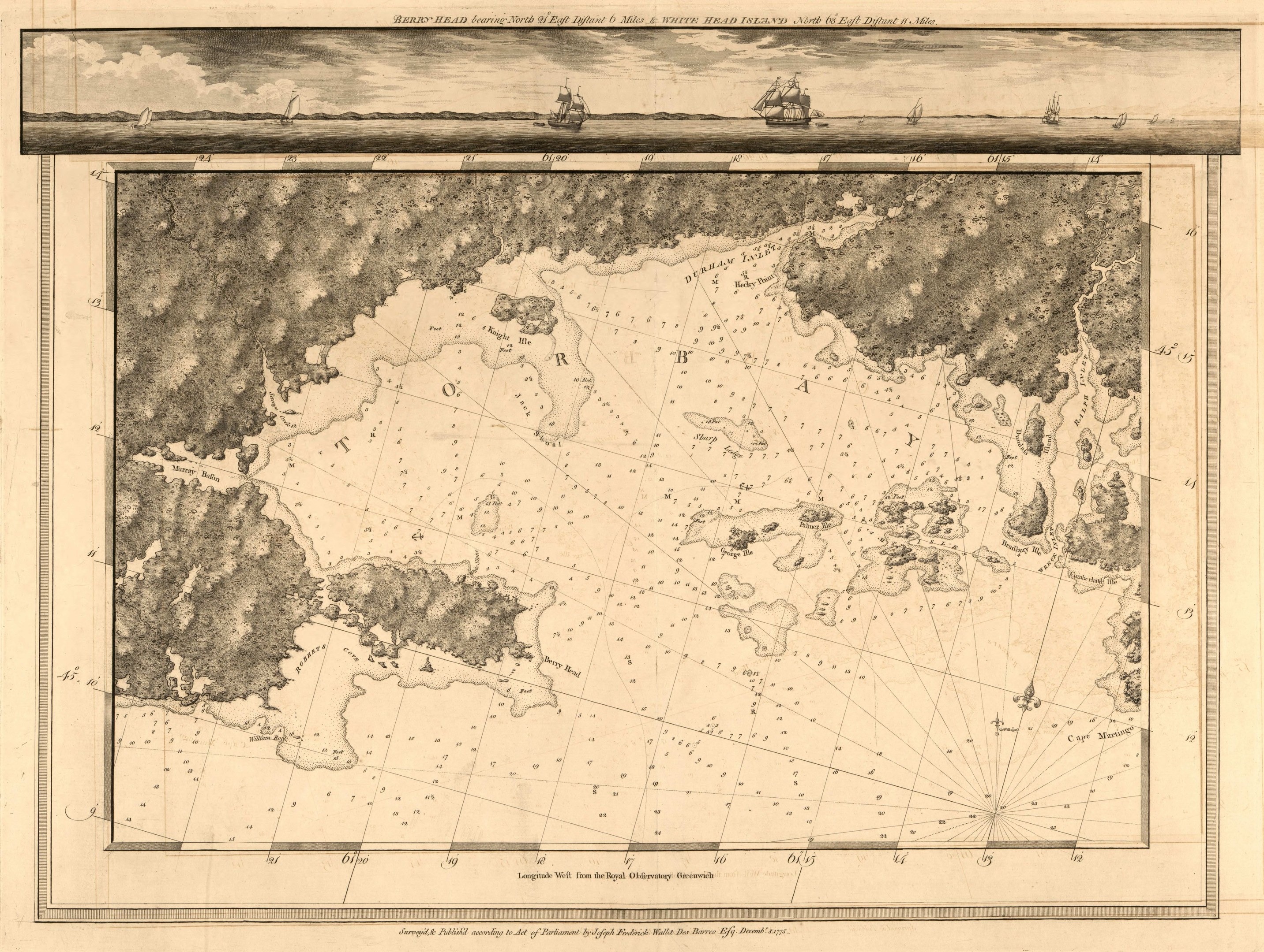 Alte Karte der Britischen Jungferninseln mit Schiffen auf dem Wasser, Wolken am Himmel und Text, der "Karte von Bermuda und den britischen Inseln" an der Ober- und Unterseite lautet.