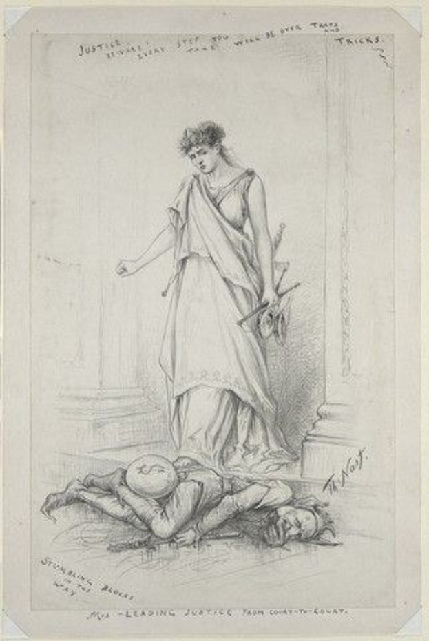 Eine Frau in einem langen Kleid steht neben einem Mann, der auf dem Boden liegt und seine Hände auf den Kopf stützt; die Frau hat ihre Hände gefaltet.