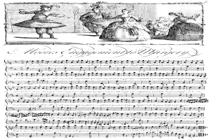 Eine Schwarz-Weiß-Zeichnung von Menschen in historischer Kleidung, die um ein Blatt Musik mit der Aufschrift "Moores Engagement zu Chirurgie" tanzen, mit Noten, die darum herum angeordnet sind.