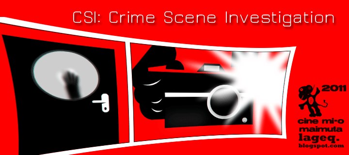 Rotes Plakat mit der Aufschrift "CSI Crime Scene Investigation" in fetter weißer Schrift, das einen Menschen in einer schwarzen Kapuzenjacke mit entschlossener Miene zeigt, umgeben von einem schwarzen und weißen Rand, vor einem dunklen blauen Hintergrund.