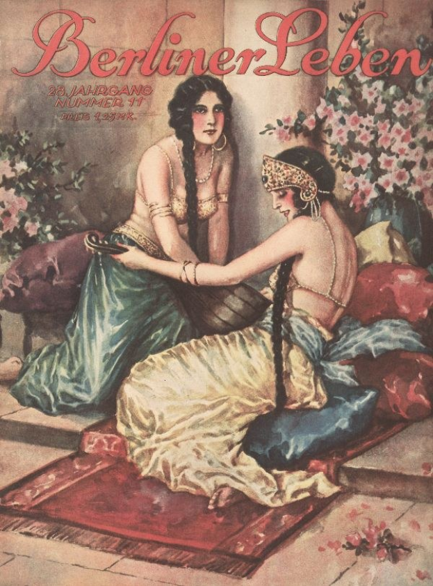 Plakat mit zwei Frauen auf einem Bett umgeben von Kissen und Topfpflanzen mit Blumen, mit dem Text "Berliner Leben Magazin-Cover von Oktober 1931" oben.