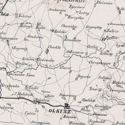 Schwarze und weiße Karte von Olkutsk, die Straßen, Gebäude und Sehenswürdigkeiten zeigt.