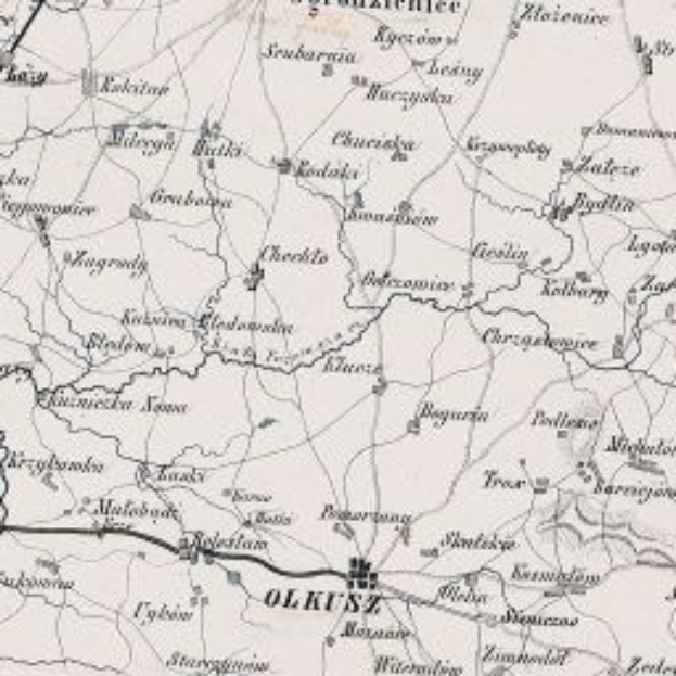 Schwarze und weiße Karte von Olkutsk, die Straßen, Gebäude und Sehenswürdigkeiten zeigt.