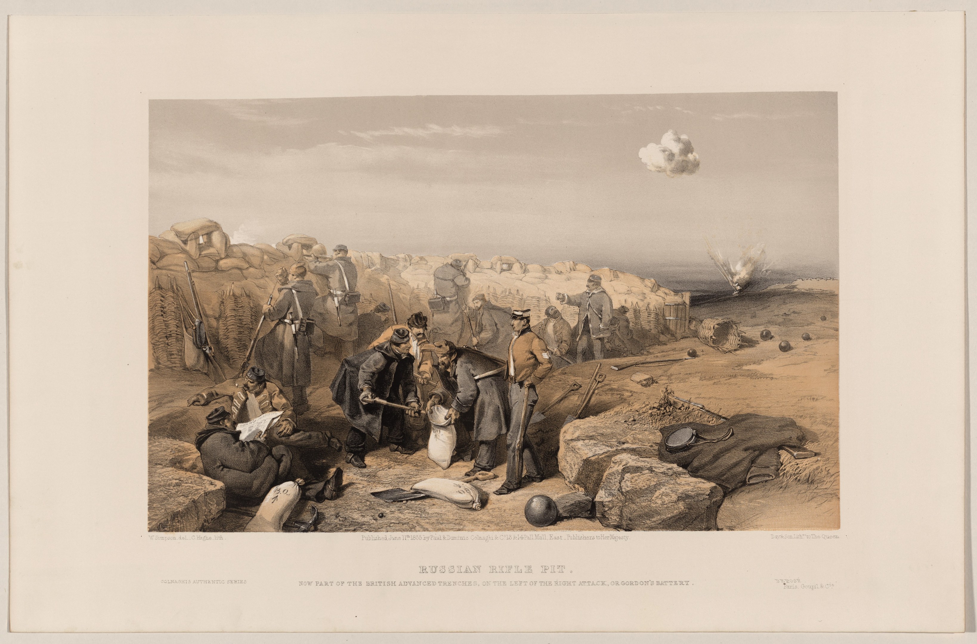 Eine Gruppe von Männern auf einem Schmutzfeld mit Gewehren stehend, mit Felsen und einem bewölkten Himmel im Hintergrund und Text unten, der "Neuer Teil der britischen Fortgeschrittenen Kriegsführung, bei der letzten Nachtattacke auf Gondors Batterie" liest.