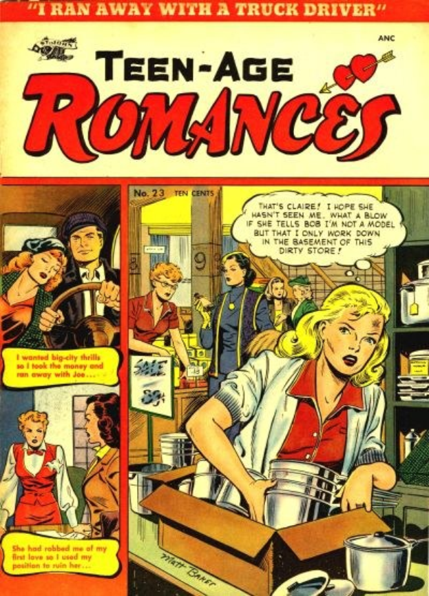 Ein farbenfroher DC-Comics-Plakat titled "Teen-Age Romances 23-A" zeigt eine Gruppe von Menschen in einer fröhlichen, romantischen Umarmung mit fetter Schrift und bunten Bildern.