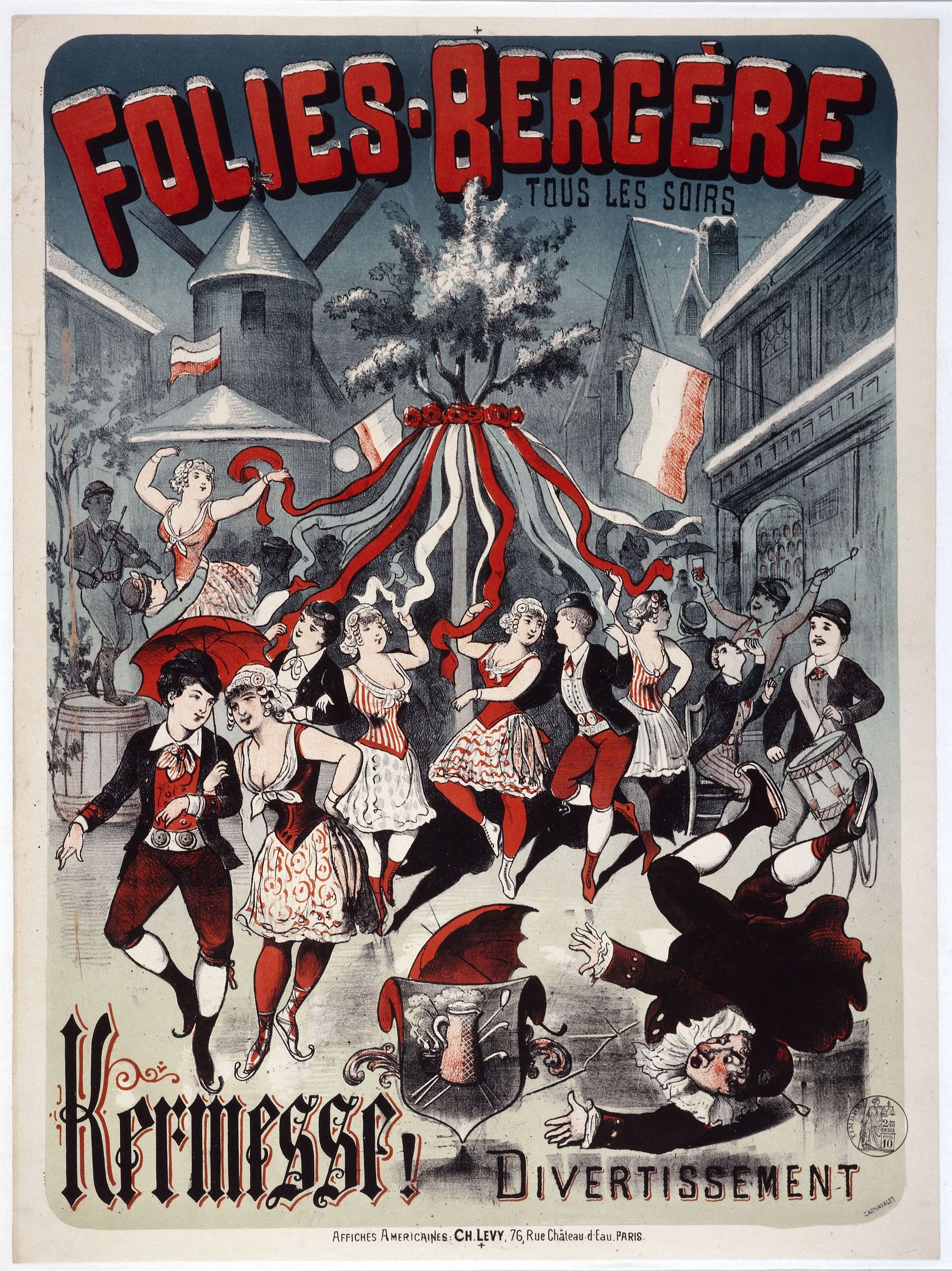 Plakat für das Folies-Bergère-Festival in Paris, Frankreich, das eine Gruppe von Menschen zeigt, die mit Gebäuden, Flaggen und einem Baum im Hintergrund tanzen, und französische Texte oben und unten.