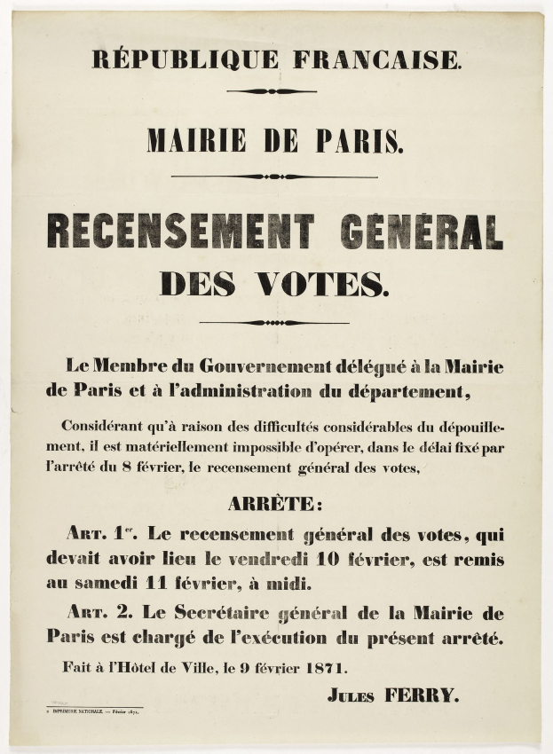 Plakat mit "Recensement Général des Votes"-Text, wahrscheinlich ein französisches Wahl-Dokument.