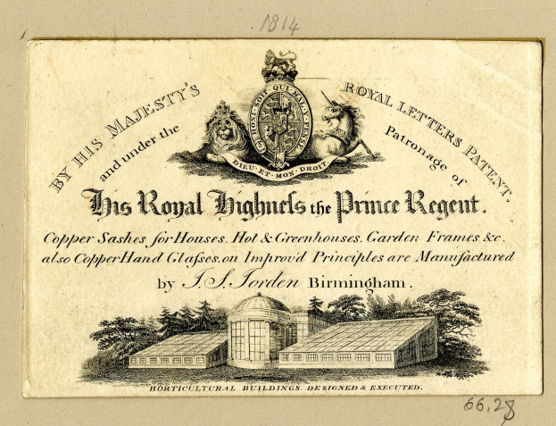 Alte Visitenkarte mit einem Gebäude, Bäumen, Text 'Die Königlichen Hochhäuser des Prinzregenten' und einem Logo.