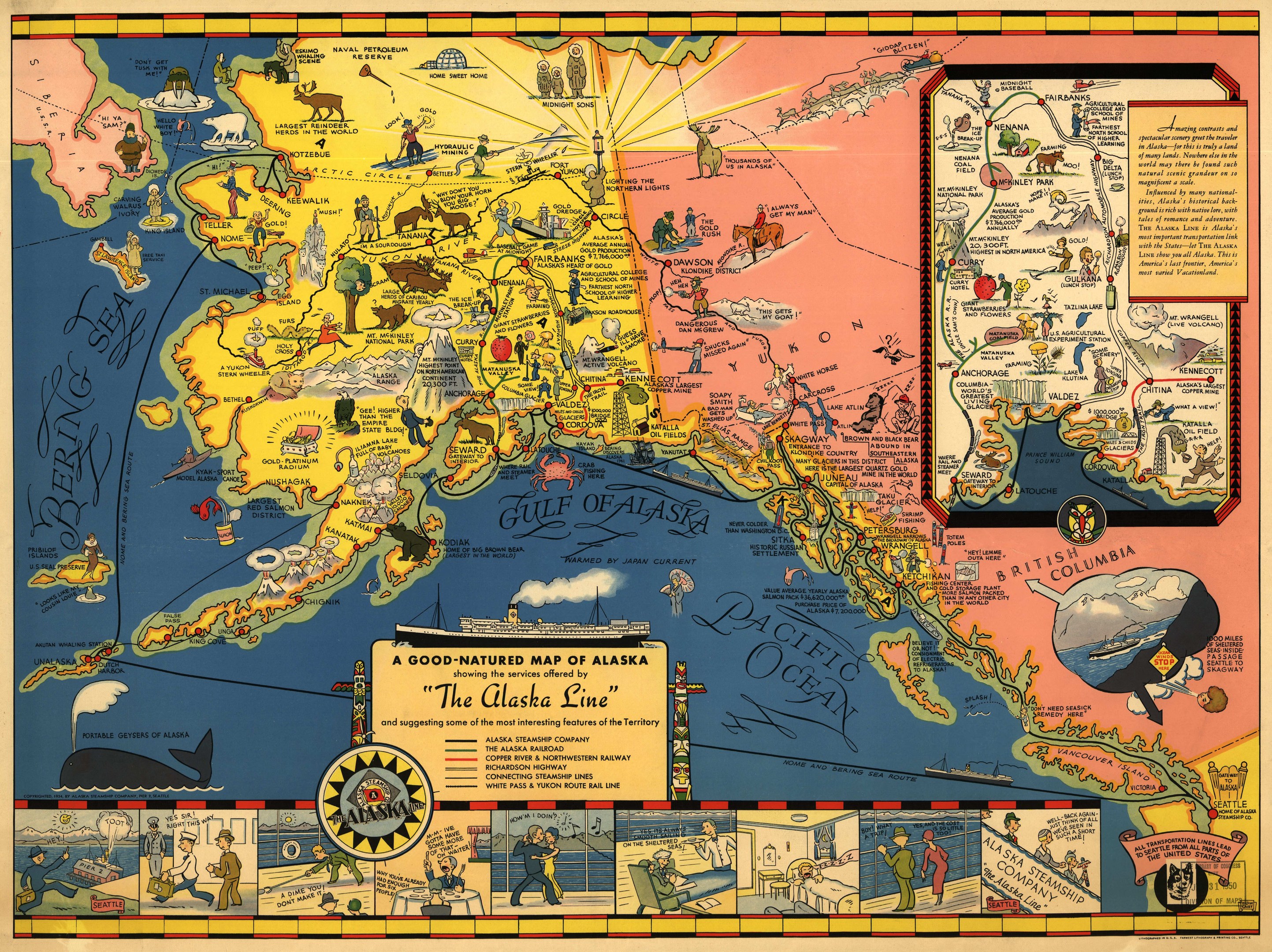 Farbig illustrierte Karte von Alaska mit beschrifteten Städten, Flüssen und Bergen.