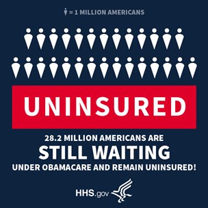 Plakat mit der Aufschrift "28,2 Millionen Amerikaner warten immer noch unter Obamacare und sind unversichert" mit einem Logo unten.