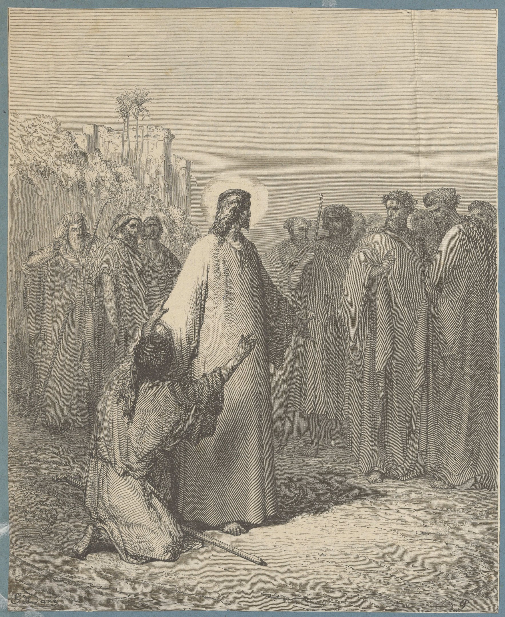 Schwarze und weiße Zeichnung von Jesus, der vor einer Gruppe von Menschen mit Bäumen und Gebäuden im Hintergrund steht, mit der Aufschrift 'Die Rückkehr des verlorenen Sohns' unten.