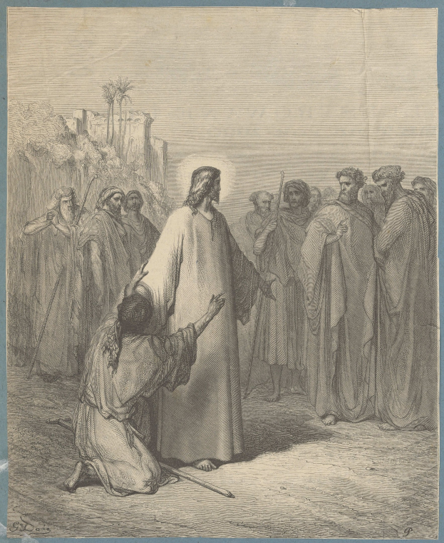 Schwarze und weiße Zeichnung von Jesus, der vor einer Gruppe von Menschen mit Bäumen und Gebäuden im Hintergrund steht, mit der Aufschrift 'Die Rückkehr des verlorenen Sohns' unten.