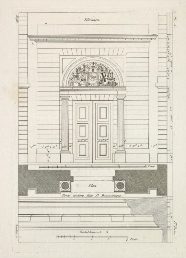 Eine handgezeichnete Skizze der Französischen Botschaft in Paris, die ihre Eingangstür und eine Uhr darüber zeigt, auf einem Blatt Papier mit handgeschriebener Text.