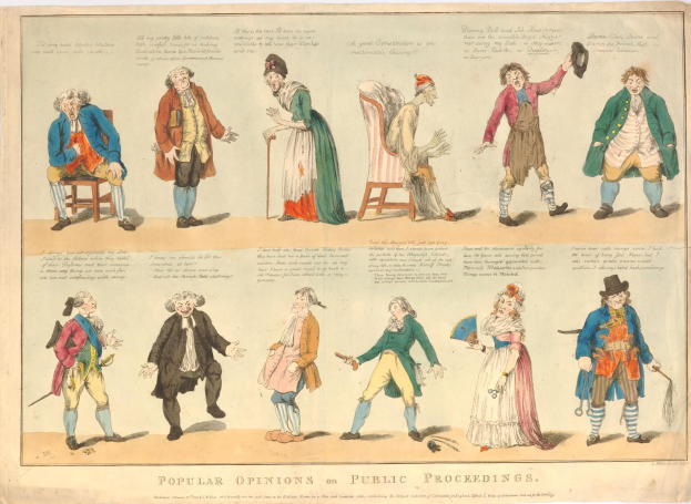 Zeitung mit gedruckten Bildern von Menschen und handgeschriebenem Text, der öffentliche Meinungen zu juristischen Verfahren zusammenfasst.