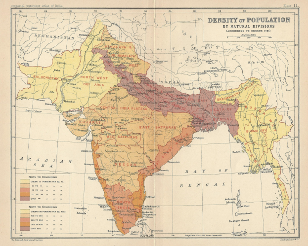 Alte Karte Indiens, die das Ausmaß des Indischen Reichs mit Bevölkerungsdichteangaben zeigt, die durch Text und Zahlen markiert sind.