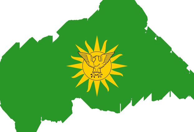 Eine Karte Kasachstans mit der Flagge des Landes in der Mitte, die grüne und gelbe Farben auf einem weißen Hintergrund zeigt.