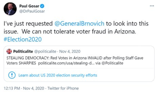 Ein Screenshot des Twitter-Profils von Paul Gosar mit seinem Foto und dem Text "Wir können Wahlbetrug in Arizona nicht dulden."