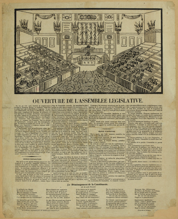 Schwarz-weiß-Zeichnung einer Legislativsitzung mit Menschen in Reihen, begleitet von Text.