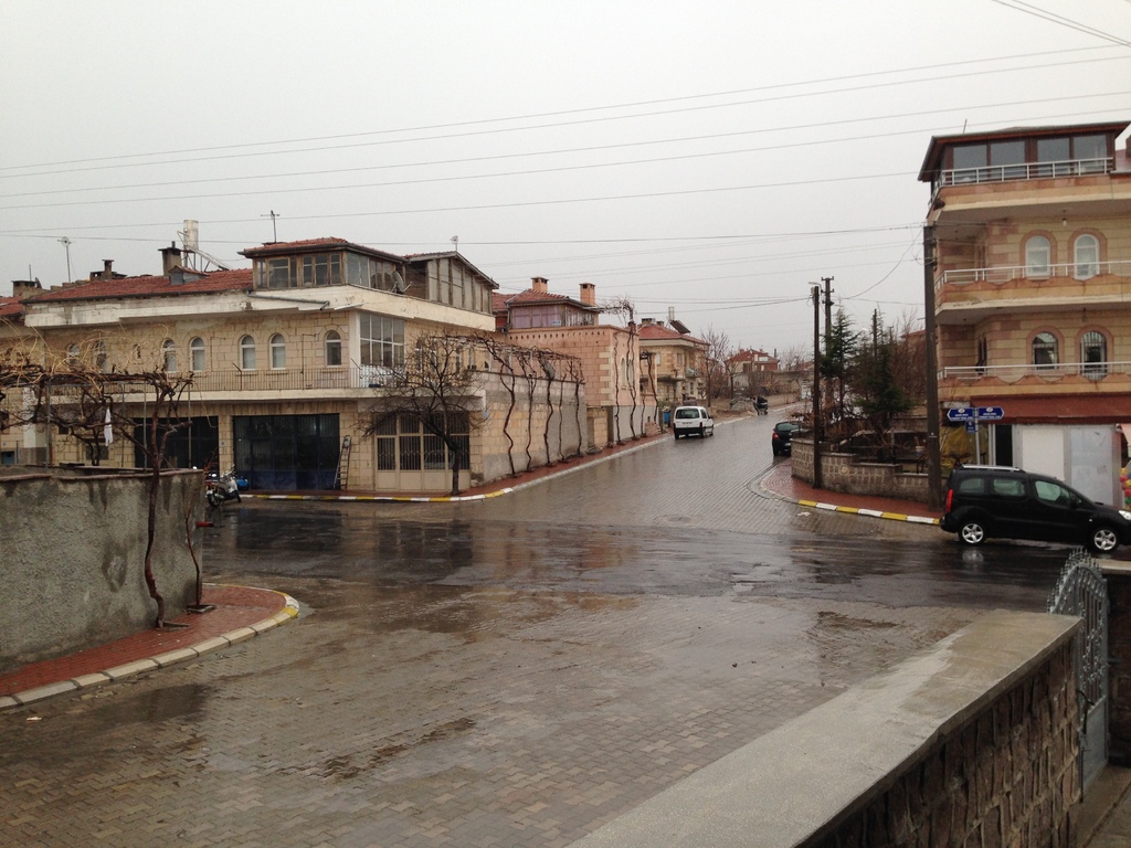 Eine Stadtansicht mit Fahrzeugen auf Stra├čen, Geb├Ąuden, B├Ąumen, elektrischen Masten mit Kabeln, Gel├Ąndern und Himmel.