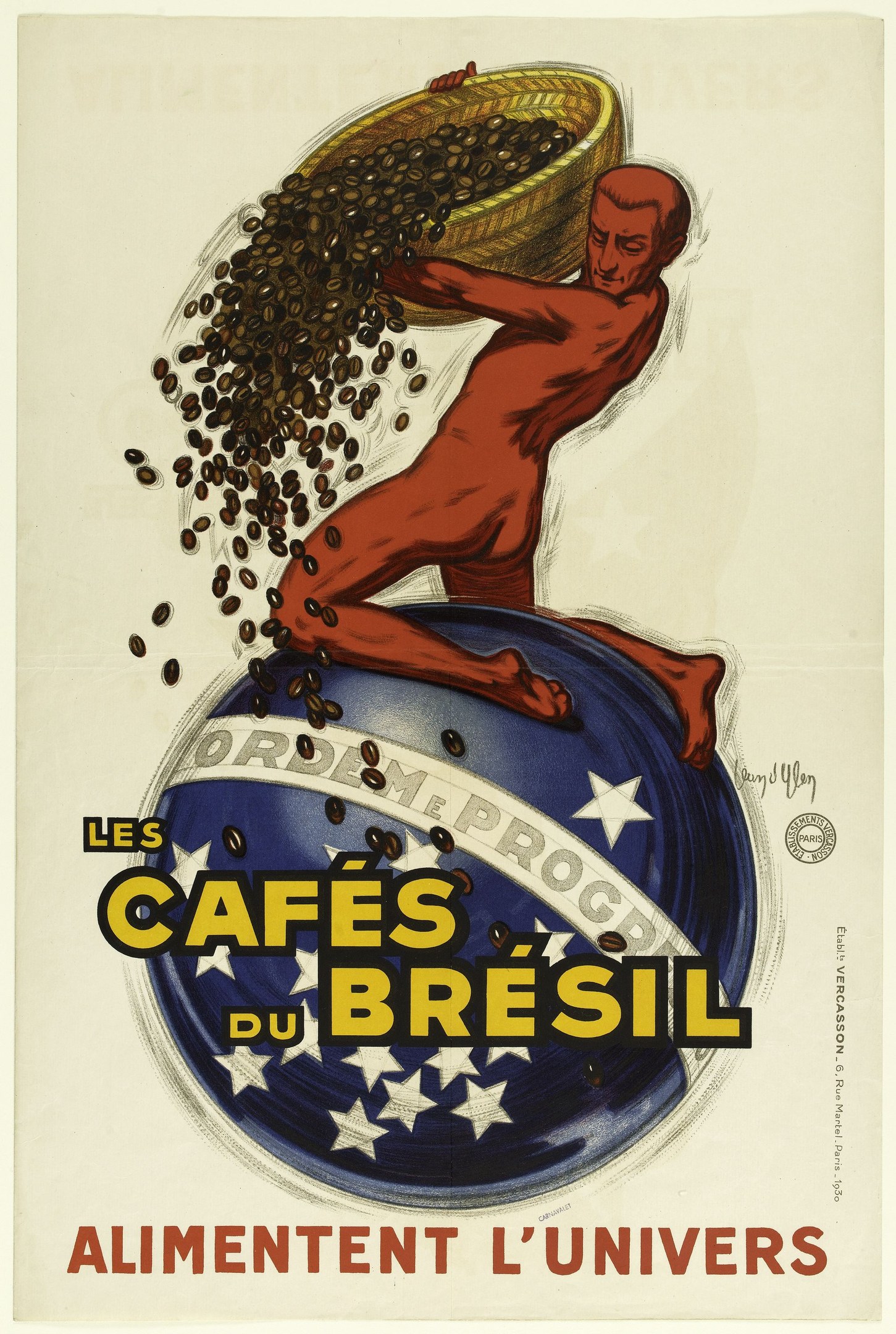 Ein Plakat für einen brasilianischen Kaffeeladen, das einen Mann mit einem Korb Kaffeebohnen zeigt, mit Text, der die Angebote des Ladens beschreibt.