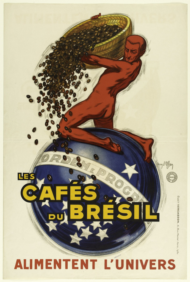 Ein Plakat für einen brasilianischen Kaffeeladen, das einen Mann mit einem Korb Kaffeebohnen zeigt, mit Text, der die Angebote des Ladens beschreibt.