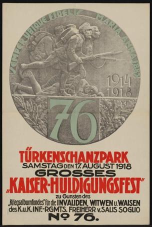 Plakat zum 70. Jubiläum des Kaiser-Huldigungsfestes in Berlin, Deutschland, mit einer Gruppe von Menschen in der Mitte, umgeben von Text und Zahlen, in einem Photo-Rahmen.
