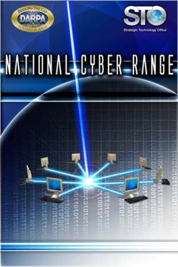 Plakat mit "Nationaler Cyber-Range" in fetter weißer Schrift auf blauem Hintergrund, das eine Weltkugel mit mehreren daran angeschlossenen Computern zeigt.