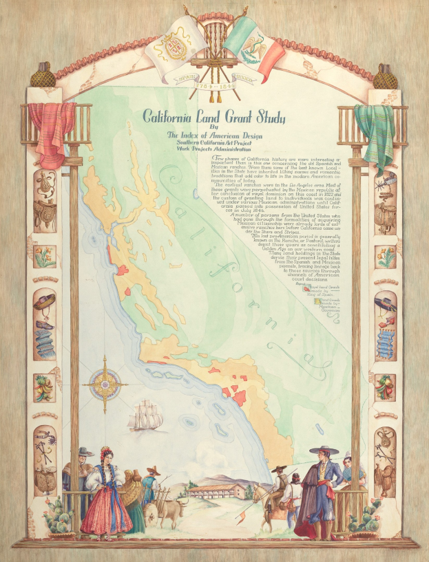 Ein Plakat für das California Land Grant Study, das eine Karte von Kalifornien mit begleitendem Text und Illustrationen von Menschen, Tieren und Gegenständen zeigt.