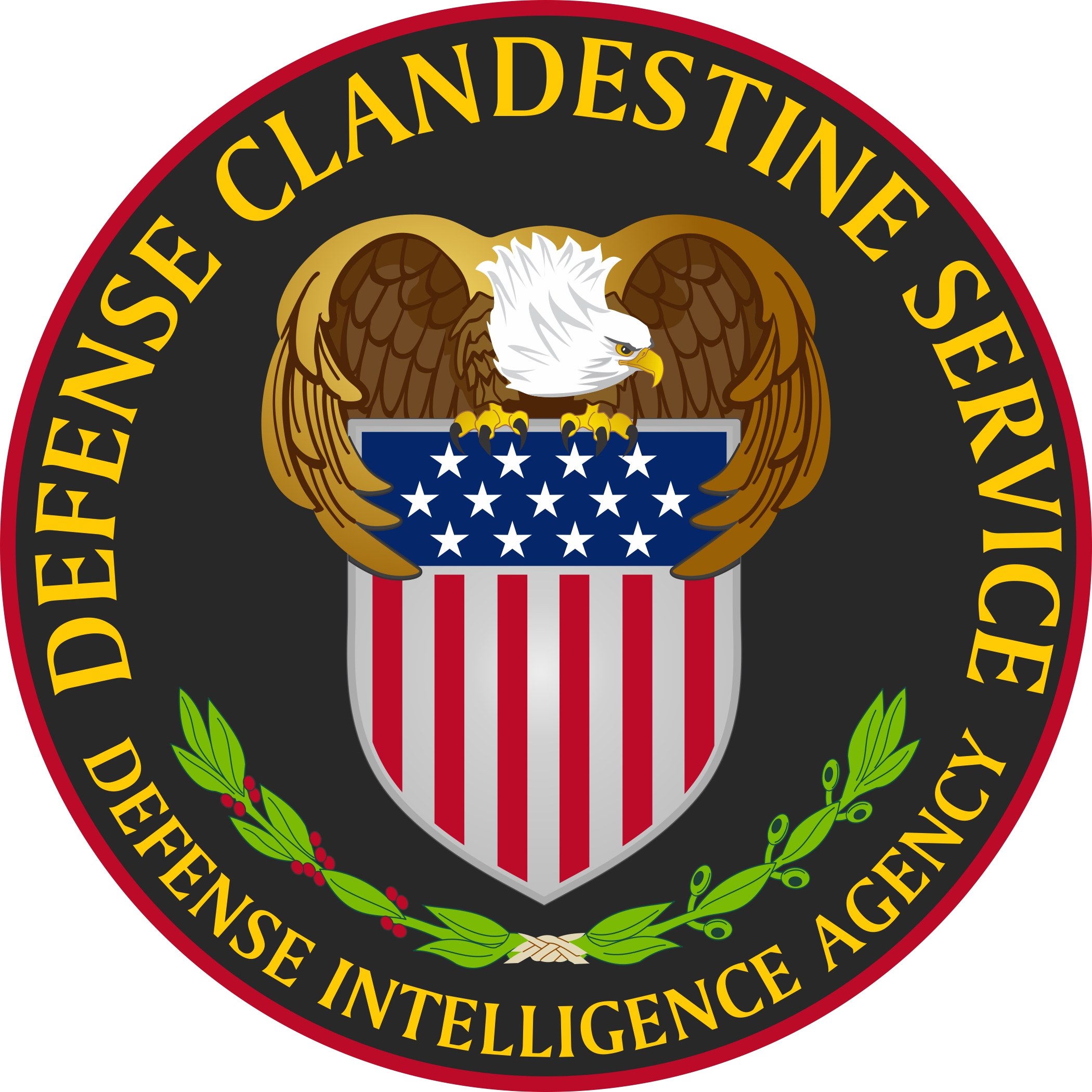 Logo des Defense Clandestine Service mit einem Schild mit einem Adlersymbol in der Mitte, umgeben von einem Lorbeerkranz und der Inschrift "Defense Intelligence Agency" in fetter Schrift.