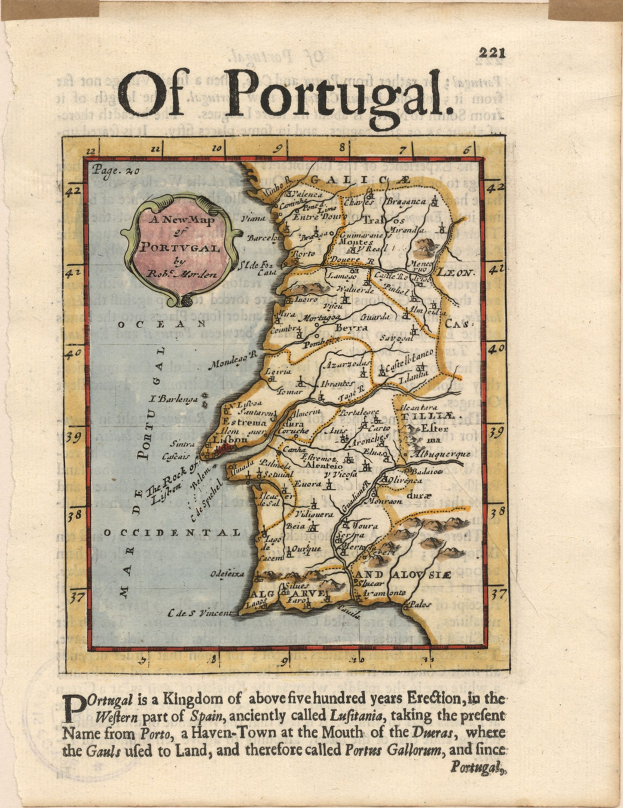 Detailierte alte Karte von Portugal auf altem Papier, zeigt Provinzen und Städte mit begleitendem handgeschriebenem Text.