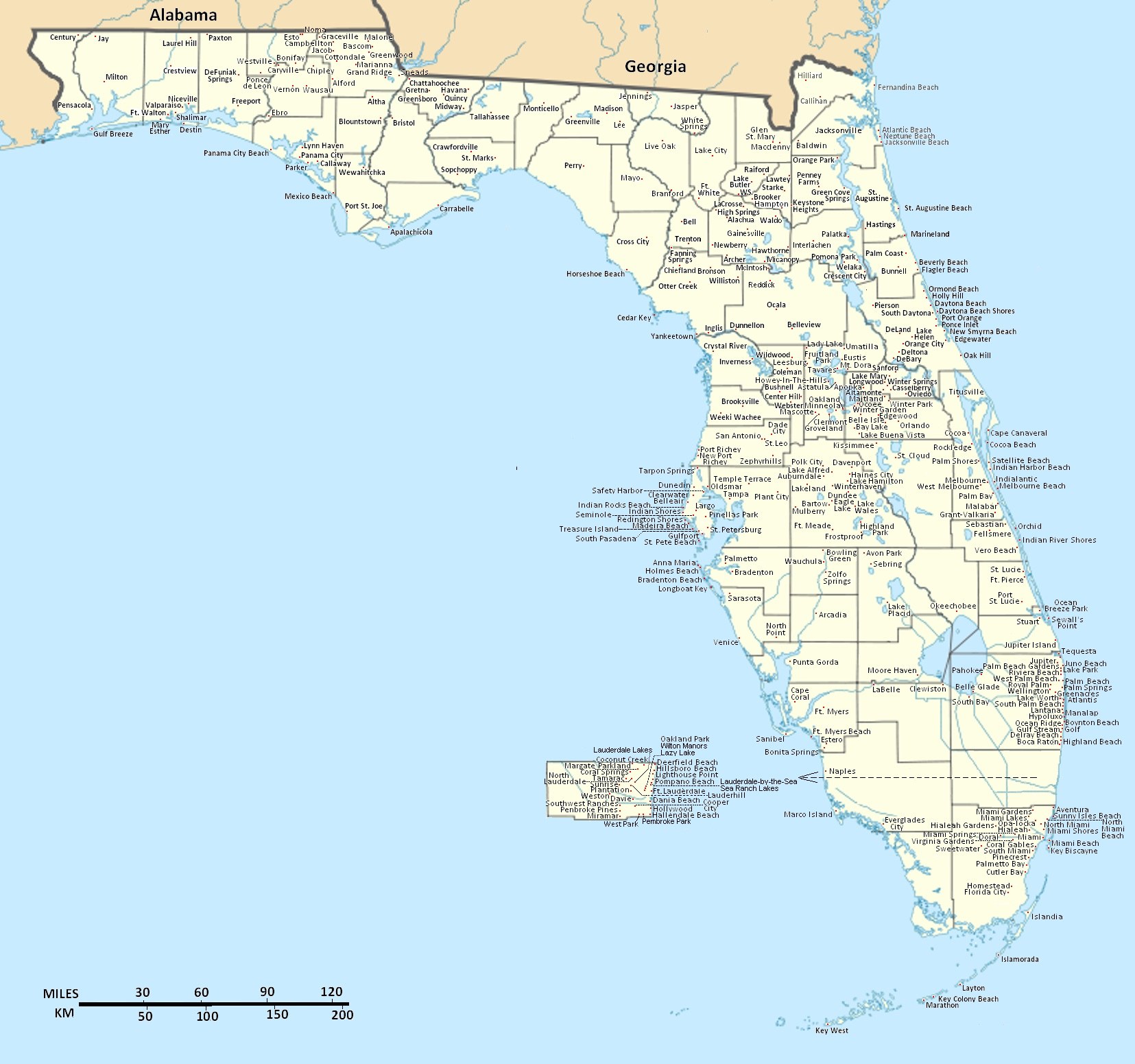 Großes detailliertes politisches Kartenbild von Florida, das Straßen, Städte und geografische Merkmale zeigt.