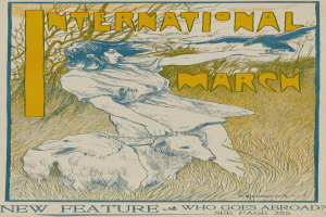 Ein Plakat für den Internationalen Marsch mit einer Frau mit einem menschlichen Gesicht und einem Hund, mit Text zu den Ereignissen.