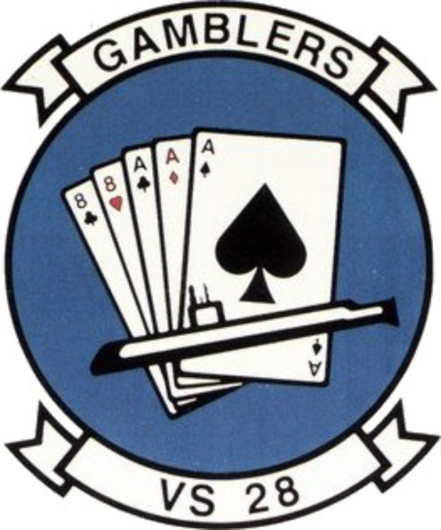 Blaues und weißes Logo mit dem Text "Gamblers vs 28", das Spielkarten und einen Stock zeigt, wahrscheinlich ein Glücksspiel darstellend.