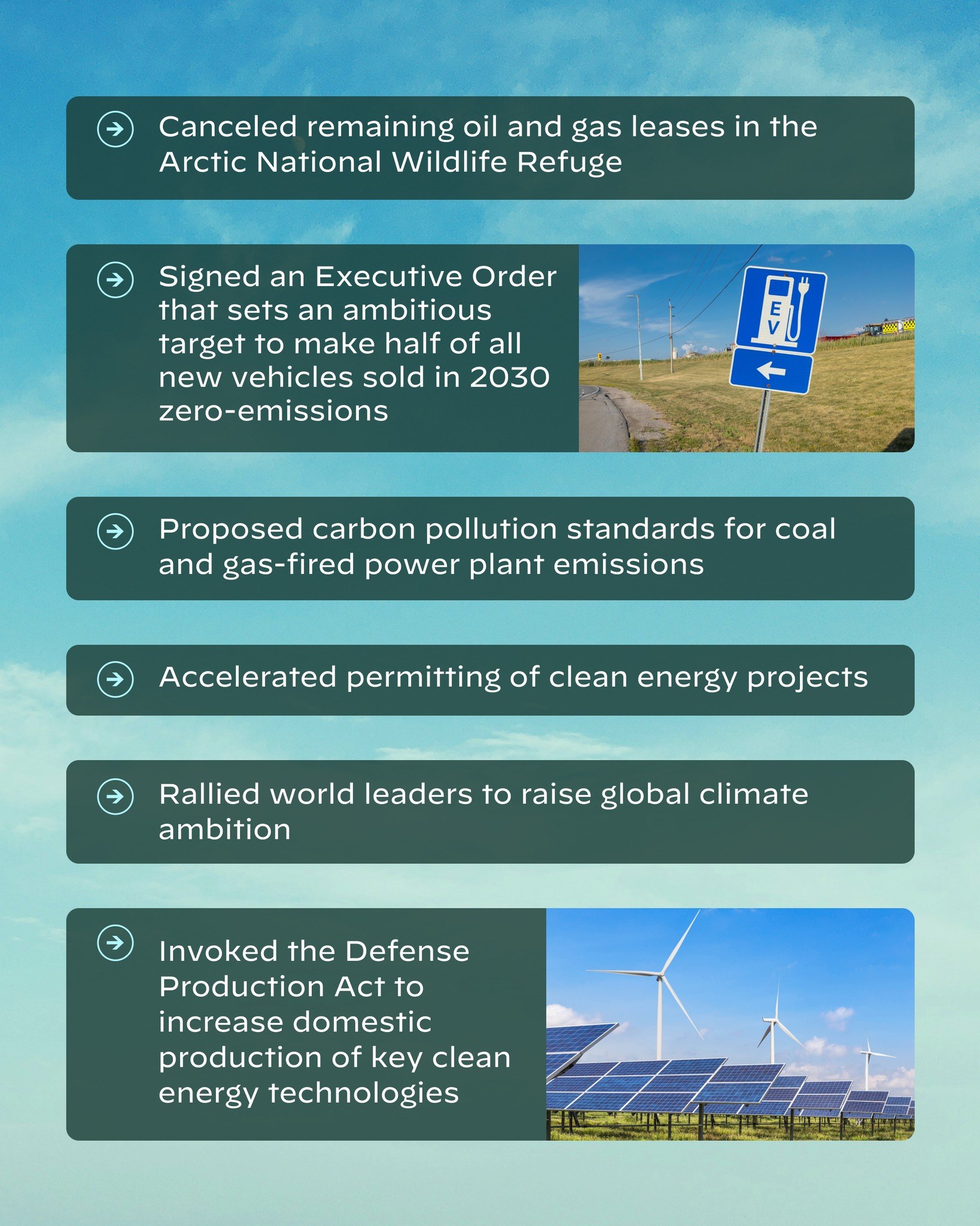 Plakat mit Text und Bildern von Solarpanelen und Windrädern vor einem bewölkten Himmel, auf dem "Abgesagte verbleibende Öl- und Gasförderlizenzen im Arctic National Wildlife Refuge." steht.