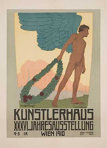 Deutsches Propagandaplakat aus dem Jahr 1910 für das Künstlerhaus Wien, das einen geflügelten Mann in heroischer Pose mit einem Kranz zeigt, mit großer Schrift oben.