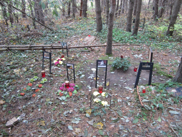 Ein Denkmal in einem bewaldeten Gebiet mit Blumen, Kerzen und Tafeln mit Text und Bildern auf dem Boden, umgeben von Pflanzen und Bäumen, mit verstreuten Blättern und Gegenständen am Boden.