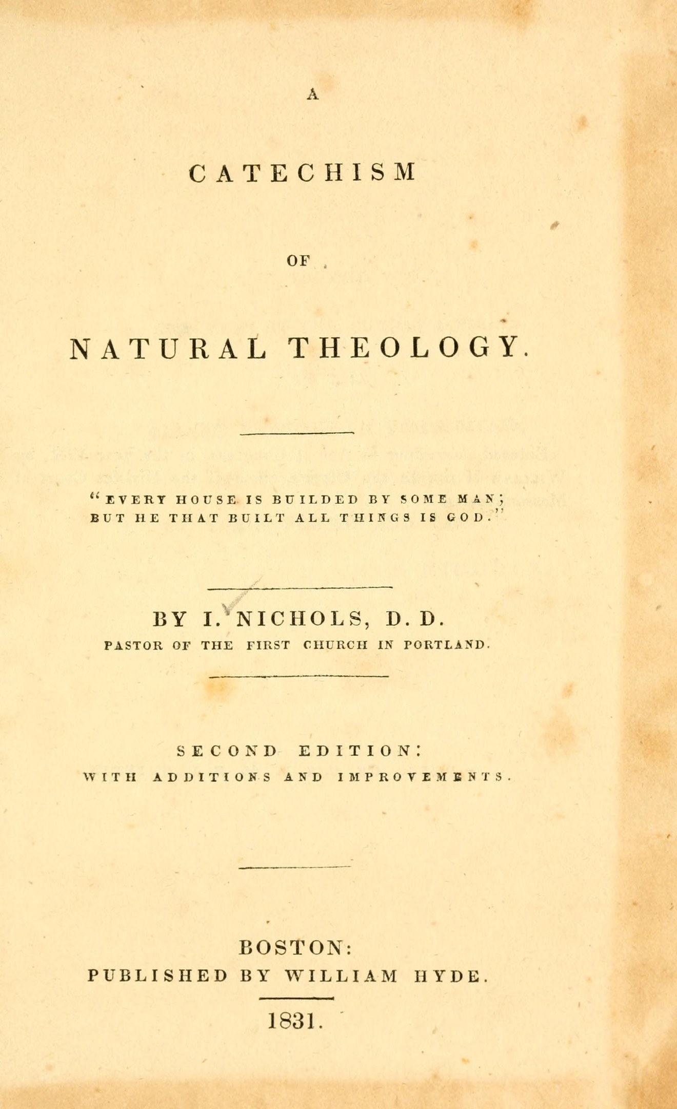 Ein offenes altes Buch mit dem Titel "A Catechism of Natural Theology" mit Kursivschrift auf einem hellen Cremehintergrund.