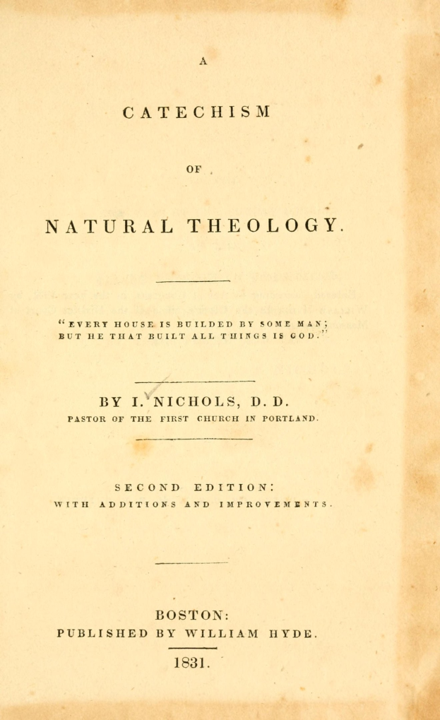 Ein offenes altes Buch mit dem Titel "A Catechism of Natural Theology" mit Kursivschrift auf einem hellen Cremehintergrund.