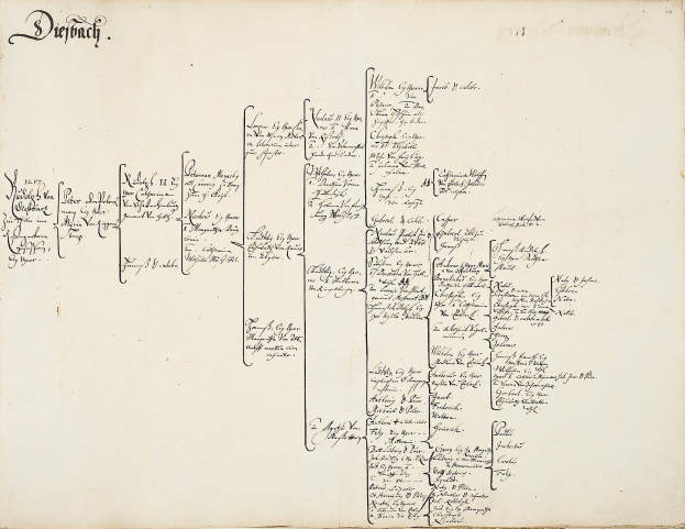 Offenes Buch mit handgeschriebener genealogischer Familienbaum-Darstellung, die die Abstammung einer deutschen Familie detailliert.