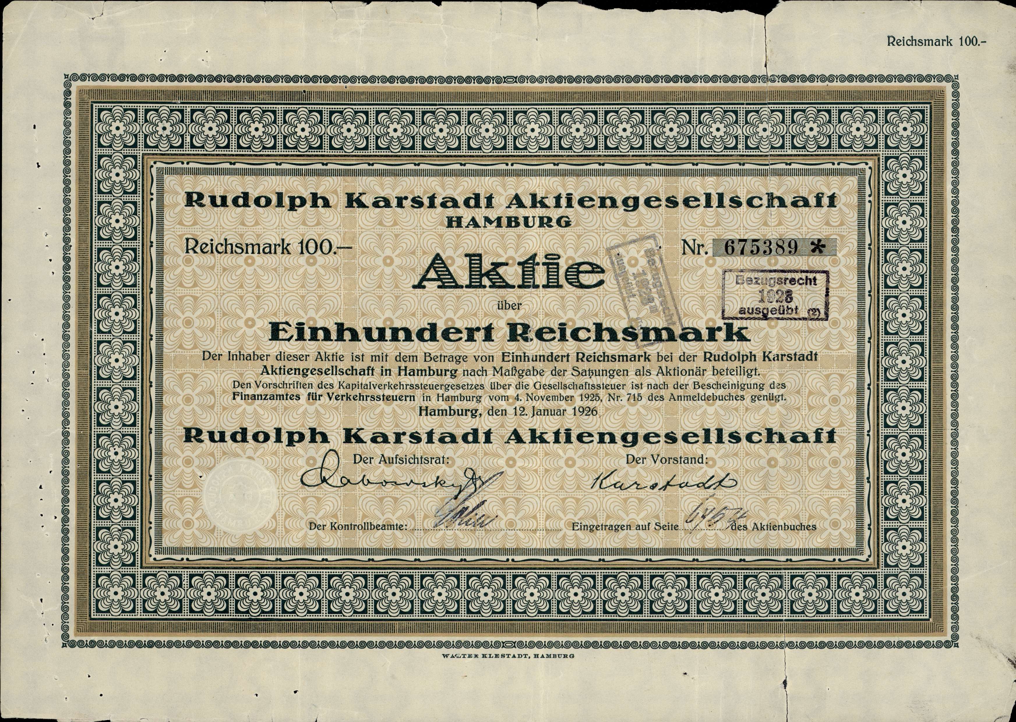 Eine alte deutsche Banknote mit schwarzem Hintergrund und der Aufschrift "Rudolph Karlstadt Aktiengesellschaft Hamburg".
