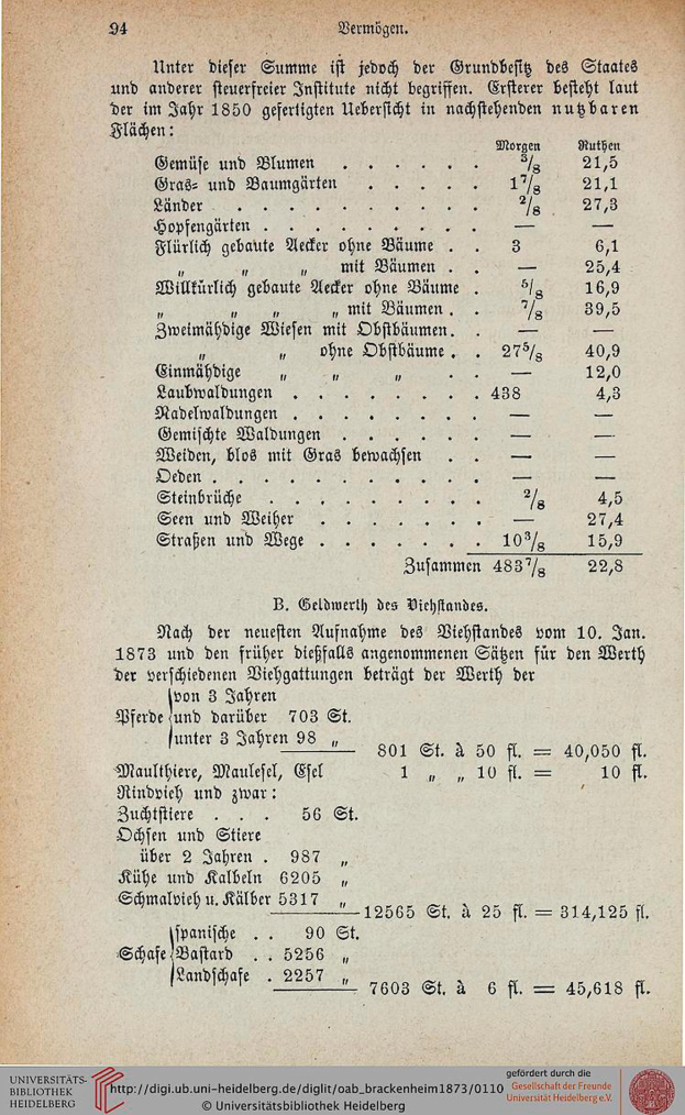 Alte Buchdeckel-Seite aus der 1873-Ausgabe der Universität Heidelberg, die Text- und numerische Informationen zur Universitätsgeschichte enthält.