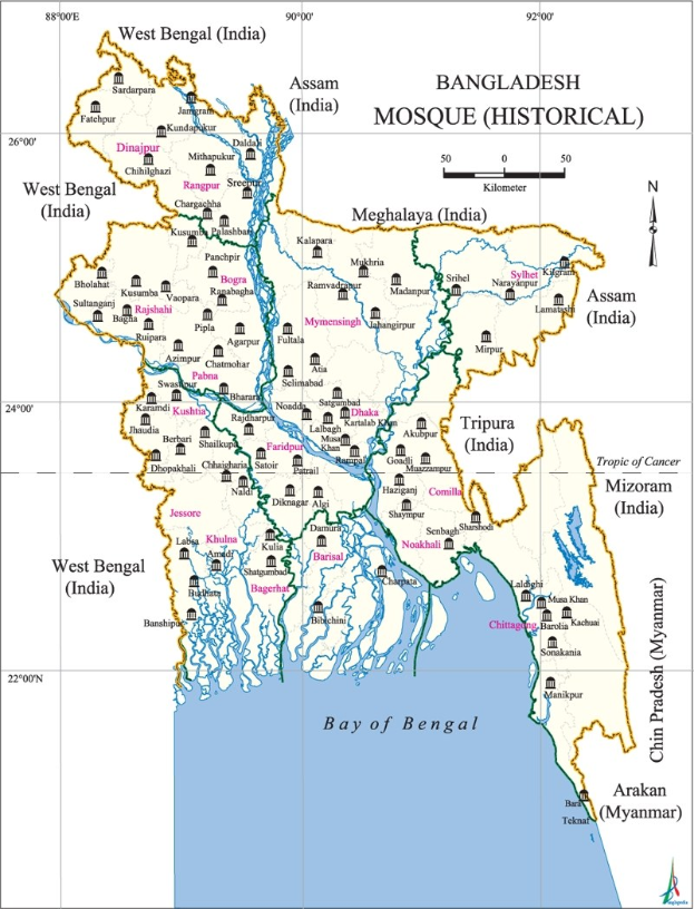 Ein detailliertes Plakat mit einer Karte von Bangladesch, das Städte, Flüsse und geografische Merkmale hervorhebt, mit begleitendem Text zu Bevölkerung, Religion und Kultur.